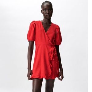 ZARA NEW LINEN BLEND DRESS RED SIZE XL